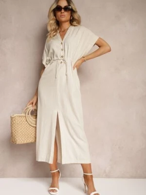 Beżowa Sukienka z Bawełny z Górą o Koszulowym Kroju Ściągana w Pasie Viklia melya by melody