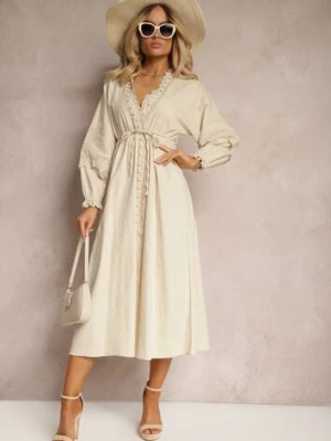 Beżowa Sukienka z Bawełny z Gumką w Talii i Koronkowymi Wstawkami z Materiałowym Paskiem Larila bisou's project