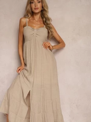 Beżowa Sukienka z Dodatkiem Bawełny na Ramiączkach z Regulacją oraz Gumką z Tyłu Tinanoras h&s