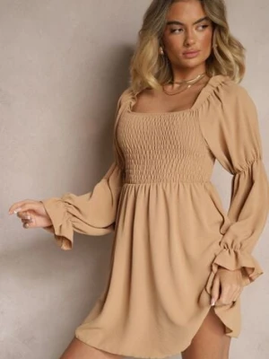 Beżowa Sukienka z Elastyczną Górą o Rozkloszowanym Kroju z Falbankami Savione j studio