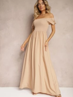 Beżowa Sukienka z Gumeczkami w Talii i Przy Dekolcie z Rozkloszowanym Dołem Anideta wei wei