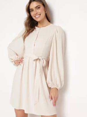 Beżowa Sukienka z Gumką i Wiązaniem w Talii z Bufiastymi Rękawami Noxima unigirl