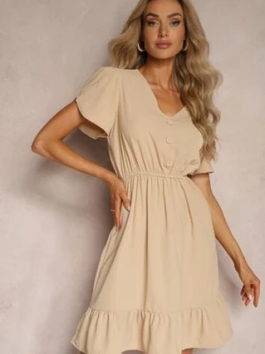 Beżowa Sukienka z Gumką w Talii i Falbankami o Rozkloszowanym Fasonie Xelimia h&s