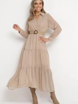 Beżowa Sukienka z Kopertowym Dekoltem i Plecionym Paskiem Dirmi rosa