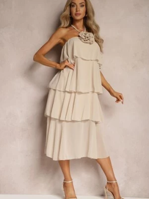 Beżowa Sukienka z Kwiatową Broszką Wykończona Falbanami i Wiązaniem na Szyi Tinashell lovery