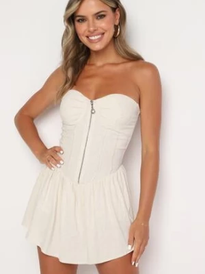 Beżowa Sukienka z Lnem i Wiskozą o Rozkloszowanym Kroju z Gorsetem Vimandre lovery