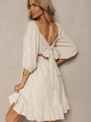 Beżowa Sukienka z Lnem i Wiskozą Wykończona Podszewką Falbanką i Gumką w Talii Alzemia bisou's project