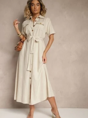 Beżowa Sukienka z Lnu i Wiskozy o Koszulowym Fasonie Weolara m&d fashion