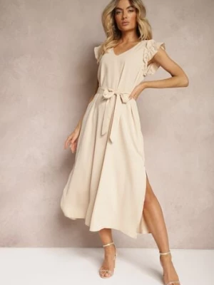 Beżowa Sukienka z Materiałowym Paskiem Ozdobiona Rozcięciami i Cyrkoniami z Falbanką Holline unigirl