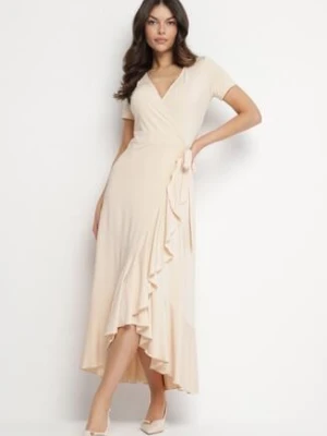 Beżowa Sukienka z Paskiem Kopertowa Ozdobiona Falbanami Wleffia by swan