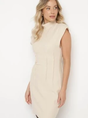 Beżowa Sukienka z Prążkowanej Dzianiny o Taliowanym Kroju z Półgolfem Ivarinae lefon