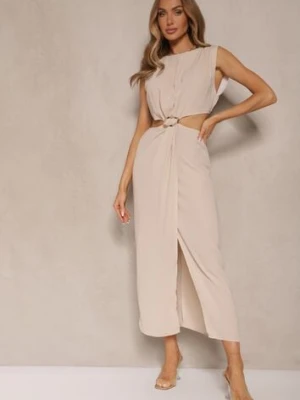 Beżowa Sukienka z Rozkloszowanym Dołem Ozdobiona Wycięciami w Talii i Metalicznym Detalem Galanissa bisou's project