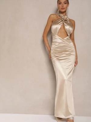 Beżowa Sukienka z Satyny Wiązana na Szyi Dopasowana z Wycięciem i Kwiatem Ronalae allyson