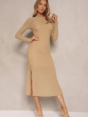 Beżowa Sukienka z Siateczki z Wiskozą Zdobiona Panterkowym Printem Adellona by swan