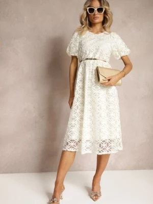 Beżowa Sukienka z Tiulem we Wzory o Rozkloszowanym Fasonie Zorbia elsa.m by may