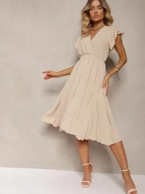 Beżowa Sukienka z Trójkątnym Dekoltem z Gumką w Pasie o Plisowanym Kroju Doetta lovery