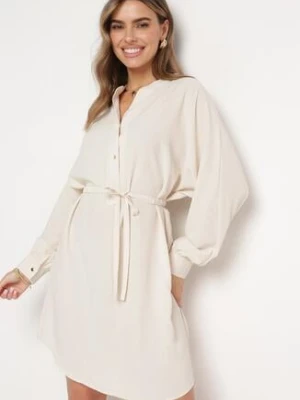 Beżowa Sukienka z Wiązaniem w Talii z Koszulową Górą Leandia unigirl