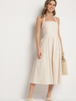 Beżowa Sukienka z Wiskozą Bawełną i Odkrytymi Plecami Kinsara elsa.m by may