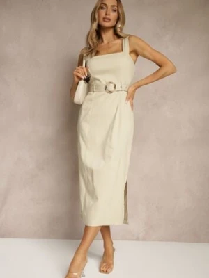 Beżowa Sukienka z Wiskozą o Dopasowanym Kroju z Paskiem z Klamrą i Rozcięciami Mepona rosa