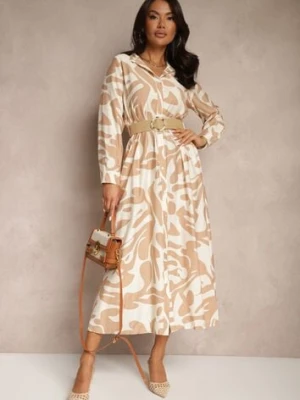 Beżowa Sukienka z Wiskozą o Koszulowym Kroju z Plecionym Paskiem Faledina rosa