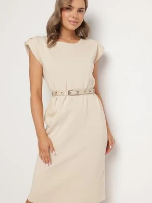 Beżowa Sukienka z Wiskozą o Pudełkowym Kroju z Paskiem z Klamrą Polliviera rosa