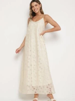 Beżowa Sukienka z Wiskozą o Trapezowym Kroju na Ramiączkach Silarelle rosa