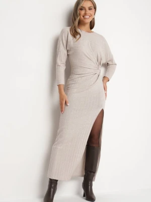 Beżowa Sukienka z Wiskozą Ozdobiona Wiązaniem i Metaliczną Nicią Ellinira New Collection