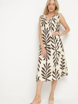 Beżowa Sukienka z Wiskozą Pudełkowa w Malowany Wzór Hiliona melya by melody