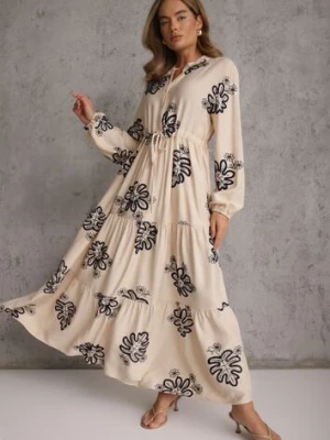 Beżowa Sukienka z Wiskozą Taliowana ze Sznurkiem Ozdobiona Cekinami i Haftem Dianona m&d fashion