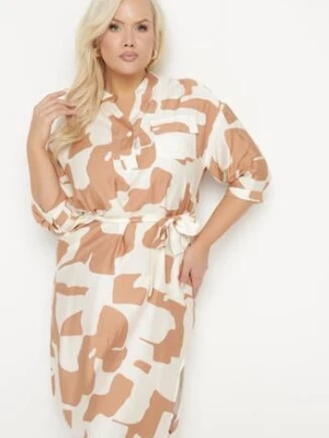Beżowa Sukienka z Wiskozą w Abstrakcyjny Wzór z Wiązanym Paskiem Ilanilia