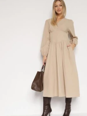 Beżowa Sukienka z Wiskozą z Gorsetową Talią i Bufiastymi Rękawami Aniste unigirl