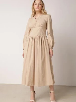 Beżowa Sukienka z Wiskozą z Gorsetową Talią i Bufiastymi Rękawami Aniste unigirl