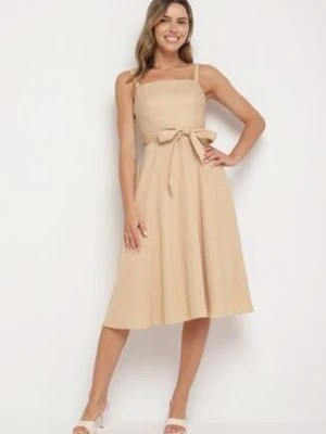 Beżowa Sukienka z Wiskozą ze Wzorem Pasków Dolereia ann gissy