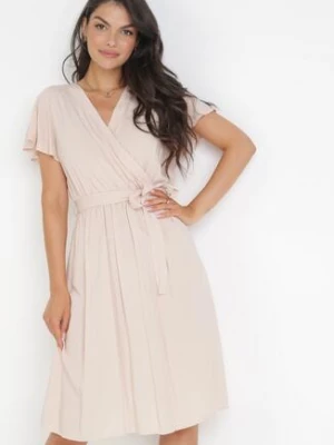 Beżowa Sukienka z Wiskozy i Wiązanym Paskiem Gariela cflo