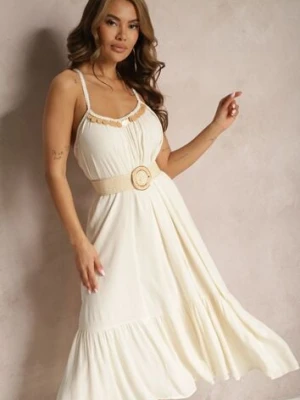 Beżowa Sukienka z Wiskozy na Ramiączkach Zdobiona Cekinami i Metaliczną Nitką Beloe rosa