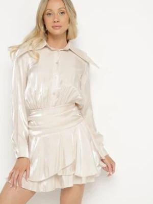 Beżowa Sukienka z Wiskozy o Koszulowym Kroju z Falbankami Liova allyson