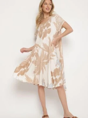 Beżowa Sukienka z Wiskozy o Rozkloszowanym Kroju w Roślinny Wzór Miratiela cflo