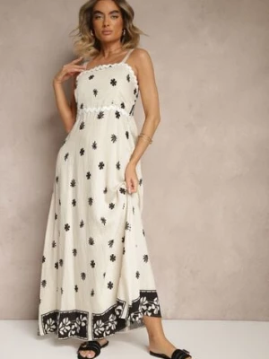 Beżowa Sukienka z Wiskozy Ozdobiona Geometrycznym Motywem Lunessa cflo