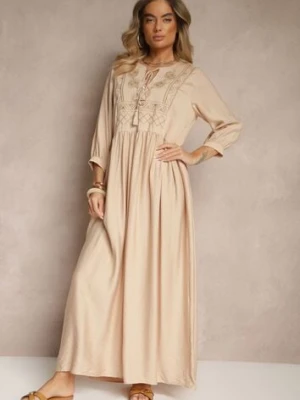 Beżowa Sukienka z Wiskozy Ozdobiona Haftem Galionetia h&s