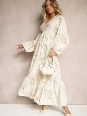 Beżowa Sukienka z Wiskozy Ozdobiona Metalicznym Haftem Nalainor maja studio