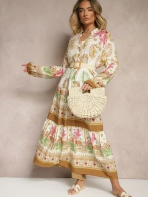 Beżowa Sukienka z Wiskozy Rozkloszowana w Print Boho Aedia cflo