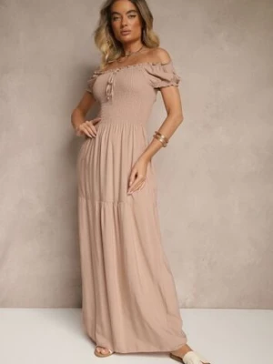 Beżowa Sukienka z Wiskozy w Stylu Hiszpanki Ozdobiona Marszczeniem Jenalena j&x