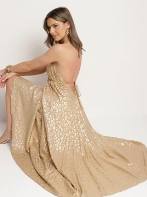 Beżowa Sukienka z Wiskozy z Odkrytymi Plecami i Metalicznym Nadrukiem w Panterkę Linadea rosa