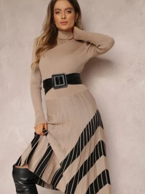 Beżowa Sukienka z Wiskozy z Plisowanym Dołem Dikire elsa.m by may