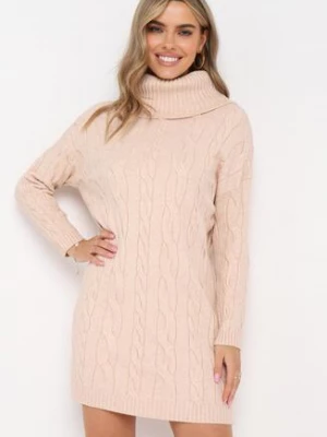 Beżowa Sweterkowa Mini Sukienka z Szerokim Golfem i Ściągaczami Patricime
