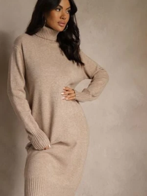 Beżowa Sweterkowa Sukienka z Bawełną i Golfem Reinaria