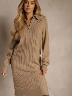 Beżowa Sweterkowa Sukienka z Bawełną i Wełną Ozdobiona Suwakiem Reinda j&x