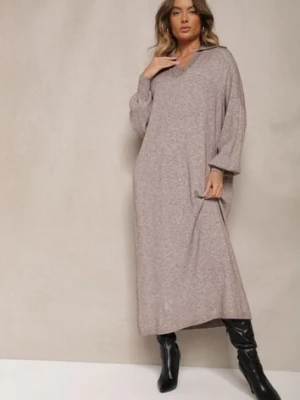 Beżowa Sweterkowa Sukienka z Wiskozą o Pudełkowym Kroju Ozdobiona Kołnierzykiem Clarinnae m&d fashion