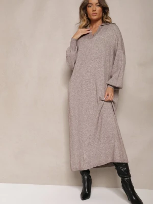 Beżowa Sweterkowa Sukienka z Wiskozą o Pudełkowym Kroju Ozdobiona Kołnierzykiem Clarinnae M&d Fashion