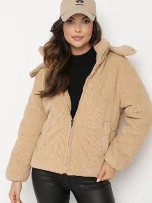 Beżowa Sztruksowa Kurtka Puchowa z Odpinanym Kapturem Sinitha h&s